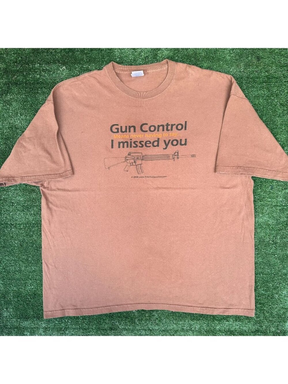 Vintage Y2K Gun Control T-Shirt Tan XXL AR-15 Firearm Humor Grunge Skater Earthy